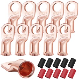 XHF 10PCS 1/0 AWG-1/2 Heavy Duty Battery Lugs with 3:1 Heat Shrink Tubing, Ring Terminals Battery Cable Ends Copper Eyelets Electrical Battery Connectors