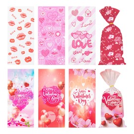 Jocomoni 100PCS Valentine's Day Cellophane Treat Bags, Plastic Valentines Goodie Candy Bag with Twist Ties Valentines Heart Treat Bags for Valentine's Day Wedding Birthday Party Favor Supply（8 Style）