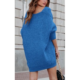 PRETTYGARDEN Women Casual V Neck Mini Sweater Dresses Batwing Long Sleeve Loose Solid Ribbed Hem Pullover Jumper Sweaters (Blue,Medium)