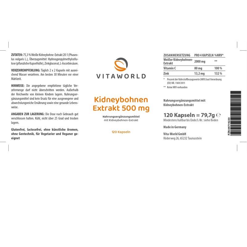Vita World Kidney Bean Extract 500mg 120 Capsules with Active