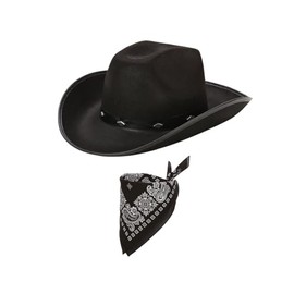 Black Western Cowboy Hat and Bandana for Men, Hen Stag Fancy Dress, Cowgirl Hats, Adult Party Accessories, 56cm
