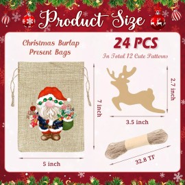 BORAMDO Christmas Burlap Gift Bags with Drawstrings 24Pcs, Watercolor 12 Desi...