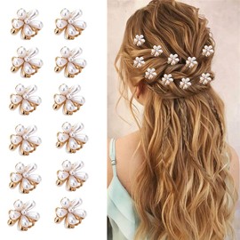 12 Pcs Mini Claw Clips Pearl with Flower Design, Girl Hair Accessories Small Artificial Bangs Clips, Mini Hair Barrettes Sparkling Metal Side Clips for Girls Women (Pearl flower claws)