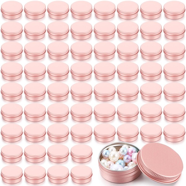 64 Pieces Screw Top Round Tin Cans Aluminum Tin Jar with Screw Lid, Lip Balm Tin Containers Bottle Empty Travel Cosmetic Sample Tin Cans Container for DIY (0.5 oz, Rose Gold)