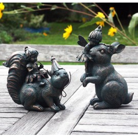 Set of 2 Garden Fairies with rabbit and squirrel,Bronze Effect gardening ornament, indoor or outdoors.