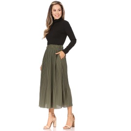 Pleated Green Skirt for Women with Pockets, Business Casual - Elastic High Waisted (3X-Large, Green)