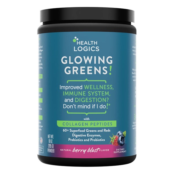 Health Logics Glowing Greens Superfood Powder with Collagen Peptides, Digestive Enzymes, Prebiotics and Probiotics – Antioxidant, Improve Wellness, Immune, Digestive and Gut Health Support