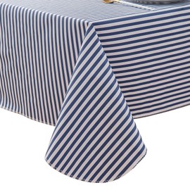 LIBERECOO Vinyl Tablecloth with Flannel Backing Blue Stripe Waterproof Tablecloths Picnic Table Cover Flannel Backed Plastic Table Cloth for Indoor & Outdoor - Square 60 X 60 Inch