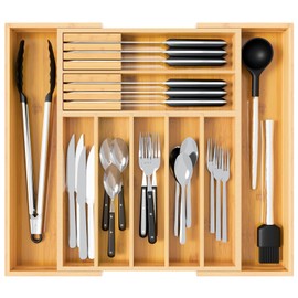 Dunruz Bamboo Silverware Drawer Organizer, Expandable 13" to 20" Wide Kitchen Utensil Holder with 2 Knife Blocks, 7-9 Slots Cutlery Tray for Flatware (Natural)