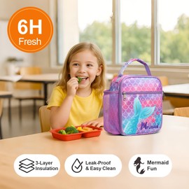 Bagseri Kids Lunch Box, Insulated Lunch Box Bag for Girls, Portable Reusable Toddler Lunch Cooler Bag for School, Water-resistant Lining（Pink Purple & Mermaid Tail）