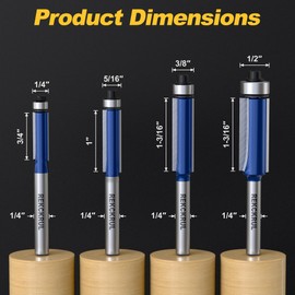 REKCKRUL 4PCS Professional Flush Trim Router Bit Set, 1/4 Inch Shank Bottom Bearing, Carbide Tipped Woodworking Router Bits for Smooth Edge Trimming, Cutting Length: 3/4", 1", 1-3/16", 1-3/16"