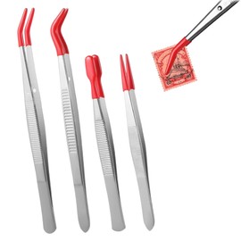 4 Stück Pinzette mit Gummis pitzen, Edelstahl Pinzetten mit Flacher Spitze, Flach Gebogener Gespitzte Pinzette, PVC-Silikon Beschichtete, für Labor Schmuck, Briefmarken, DIY Herstellung Münzen