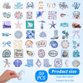 TIESOME 50 PCS Aesthetic Blue Ocean Stickers Pack, Cute Ocean Beach Stickers Waterproof Vinyl Beachy Decals Graffiti Anime Sea Sticker for Water Bottle Scrapbook Journal Laptop