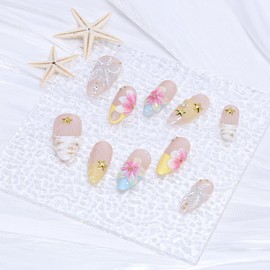 Handmade Press on Nails Medium Cute Fake Nails 3D Flower Press ons Gold Beads Starfish Acrylic Nail French Tip False Nail Artificial Spring Summer Glue on Nails for Women French Stick on Nail 10Pcs