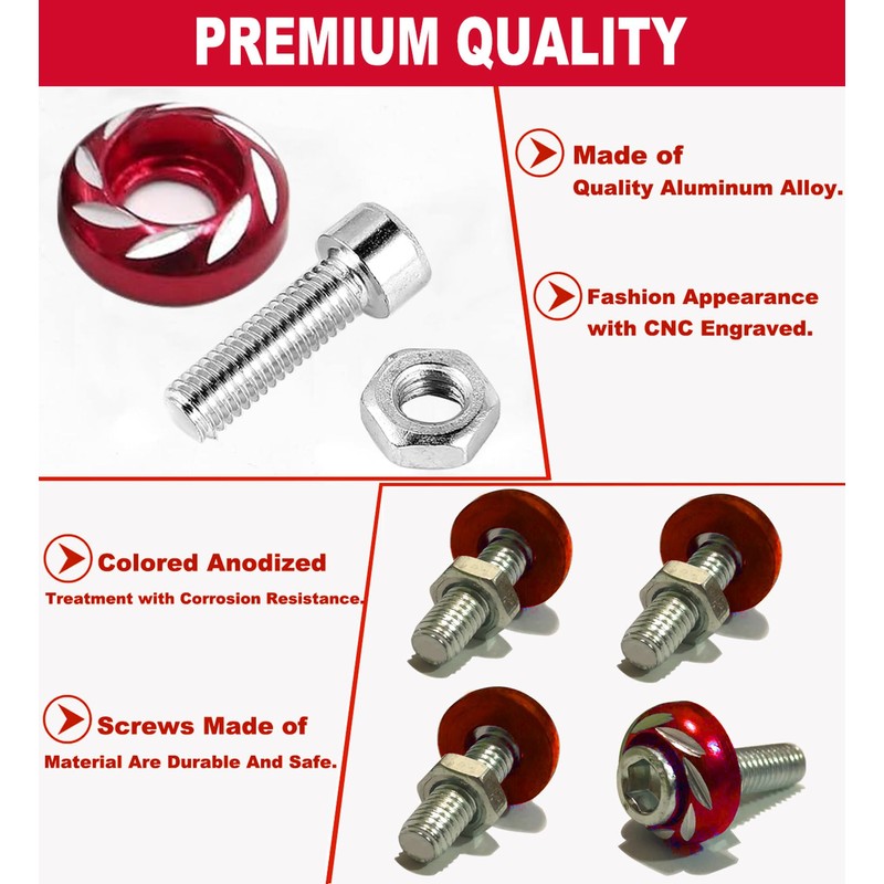 SINGWAYS Motorcycle License Plate Bolts/Screws, RED License Plate Screws Kit