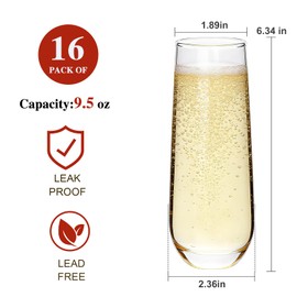 Ufrount Stemless Champagne Flutes Set of 16, 9.5 oz Champagne Glasses