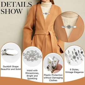 6 Pieces Vintage Cinch Clips Women's Brooches Pins, Waist Cincher Cardigan Clip Fashion Decor Clothing, Pullover Scarf Clips Dress Shirt Clips with Flowers Rhinestones