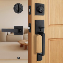 Gaurqiah Front Door Handleset – Zinc Alloy Entry Door Lock Set with Reversible Lever, Adjustable 60/70mm Latch, Fits 1-3/8" to 1-3/4" Doors, Matte Black Exterior Handle Set, Easy DIY Installation