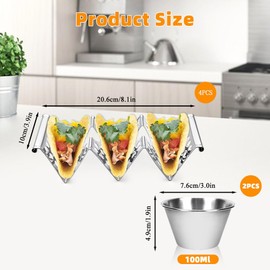 MOAMUN 6PCS Stainless Steel Taco Holder and Dipping Bowls, Taco Stand for Taco Shells Holds Up to 3 Tacos Each, Wave Taco Holders Taco Kit with Handle for Hold Party Tacos Hot Dogs Sandwiches Pancakes