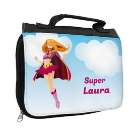 Toiletry Bag with Name Laura and Superheroine Design for Girls Toiletry Bag with First Name Wash Bag for Children