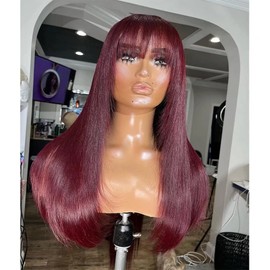 99J Burgundy Red Straight Wig With Bangs Fringe Human Hair Wigs for Black Women Pre Plucked Brazilian Remy Hair 13x4 HD Transparent Lace Front Wig 150% Density Bleached Knots Glueless Wigs 16inch