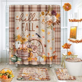 Arttown Hello Fall Shower Curtain Set with Toilet Lid Cover and Non-Slip Rugs, Autumn Pumpkin Floral Thanksgiving Harvest Farmhouse Vintage Retro 4 Pcs Shower Curtains for Bathroom Decor Accessories