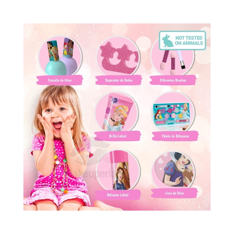 Set de Cosméticos Princesas con Estuche, Brochas y Brillos Labiales,