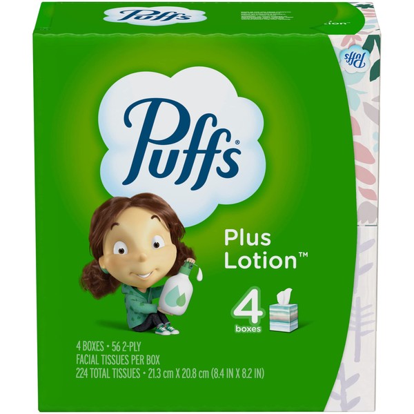 Puffs Plus Lotion Facial Tissues, Cube, 4 Boxes (56 Count Each)