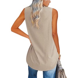 Fisoew Women V Neck Tank Tops Summer Loose Casual Basic Solid Color Sleeveless Shirts Tunic Tops Khaki