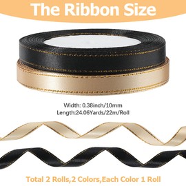 CABODYALS 2 Rolls 44M 10mm Champagne Black Satin Ribbon with Gold Edge Thin Polyester Soft Silk Golden Border Trim Ribbons Bulk for Sewing Making Crafts Gift Wrapping Bouquets Wedding Supply