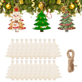 20PCS Wooden Christmas Decorations, Christmas Tree Baubles, Christmas Crafts Ornaments Pendant, Wooden Tags Ornaments with 20PCS Twines Ropes for Christmas Tree Hanging Decor DIY Gift (Tree)
