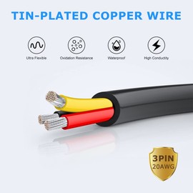 20 Gauge 3 Conductor Electrical Wire, 65.6FT Black Stranded Low Voltage 20/3 Wire PVC Case, 20 AWG Tinned Copper 3 Wire Cable, Flexible Extension Power Cord for LED Lamp Lighting, Automotive Wiring