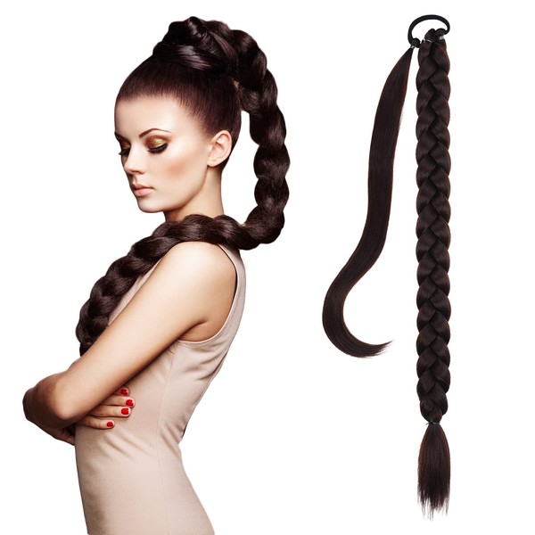 Ponytail Hair Extensions, DIY Braid Ponytail Extension Long Soft Wrap Around Synthetic Ponytail Hair Piece for Women 24 Inch #4 Chocolate Brown