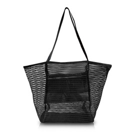 FuninCea Women's Mesh Tote Bag with Zip Pocket Inside, Additional Large Capacity Summer Beach Bag, Lightweight and Foldable Women's Handbag, Shopping Bag for Travellers, Beach (Black)