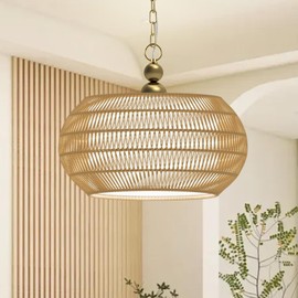 QIHONGLT Rattan Chandelier, 5-Lights Boho Large Pendant Light, Hand Woven Basket Pendant Chandeliers for Dining Room Living Room Kitchen Island Bedroom Foyer, Height Adjustable (19.3in-Gold)