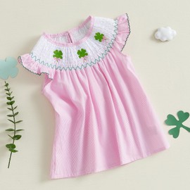 St Patricks Day Baby Girl Outfit Shamrock Smocked Dress Flutter Sleeve Clover Bows Embroidery Toddler Spring Dress (Pink, 2-3 Years)