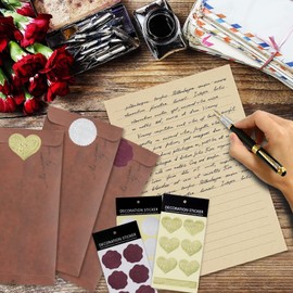 Envelope Writing Paper Set, 50 Pieces Writing Paper and Envelopes, Vintage Writing Paper Set with 18 Pieces Red-Brown Envelopes, 18 Pieces Wax Seal Stickers
