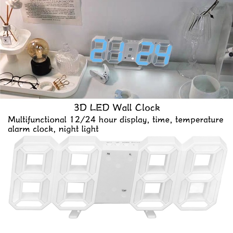 3D LED Wall Clock Minimalist White Frame Digital Wall Alarm