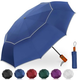 Satol Large Compact Golf Umbrella for Rain, Windproof 10 Ribs Double Canopy Vented Automatic Open & Close Travel Umbrella with Reflective Strips, Waterproof UV Protection Umbrella for Men and Women