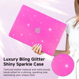 Funut Glitter Case for MacBook Air 13.6 inch 2025 2024-2022 Model M4 M3 M2 A3240 A3113 A2681, MacBook Air 13 Cover Women Girls Shiny Sparkle Bling PU Leather Hard Shell Case & Keyboard Cover, Hot Pink