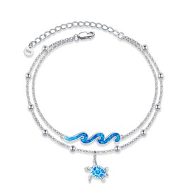 DAYLINLOVE Turtle Wave Bracelet Sterling Silver Blue Opal Layered Bracelet Ocean Beach Jewelry for Women
