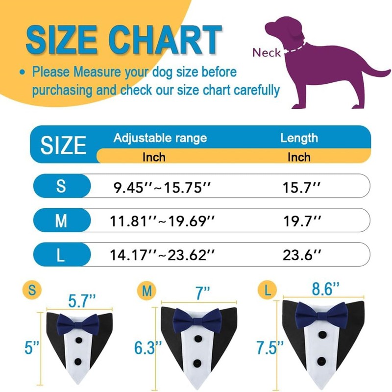 Dog Tuxedo,Formal Wedding Dog Bandana Adjustable Collar with Bowtie,Detachable Bow