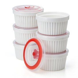 Sweese 8 oz Ramekins with Lid, Porcelain Creme Brulee Souffle Dishes, White Pudding Custard Cups Ramiken for Baking, Dishwasher and Oven Safe, Set of 6