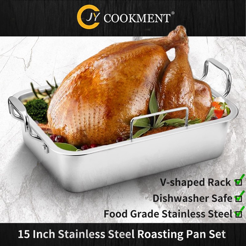 15 Inch Stainless Steel Roasting Pan with V-Shaped Rack and