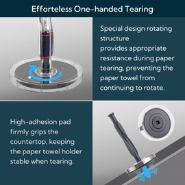 KITCHENDAO One-Handed Countertop Paper Towel Holder, Rotation Freestanding Kitchen Paper Holder Stand, Stainless Steel Paper Roll Holder with Weighted Base High-Adhesion Pad Sticker