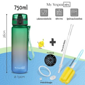 My Vesperbox Minny Children's Leak-Proof Water Bottle, with Straw or Strainer, 350 ml, 500 ml, 750 ml, Lightweight Tritan Water Bottle, BPA-Free, for Nursery, School, Green-Blue, 750 ml