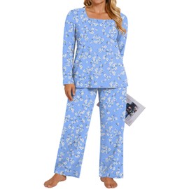 HOTGIFT 2025 Plus Size Woman Pajamas Sets Winter Soft 2 Piece Lounge Pjs with Pockets Long Sleeve Blue White Flower X-Large