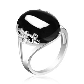 DALEGEM Natural Black Obsidian Onyx Agate Crystal Stone Ring for Women,S925 Sterling Silver Real Genuine Quartz Gemstone Turkey Ring Jewelry (Stone_D, 7)