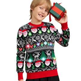 Girls Ugly Christmas Sweatshirts Boy Red Santa Knitting Sweater with LED Light Classic White Elk Pullover for Kids Xmas Jumper Black Tops Size 11-12 Large