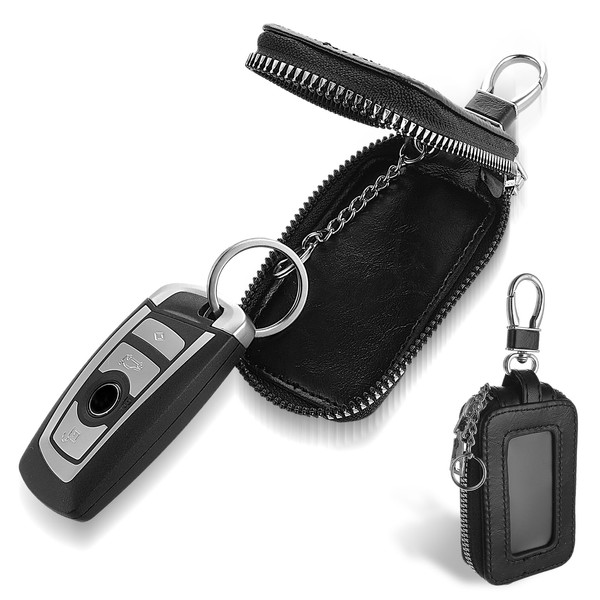 Ouligay Genuine Leather Key Fob Car Key Case with Carabiner, Key Case Leather Key Bag Car Portable Car Key Bag with Zip for Men and Women, black